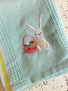 Pastel Easter Bunny and Egg Basket Embroidery Hand Towel